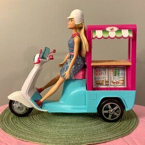 BARBIE™ Mattel,  DOLL w/ Moped Mobile Street Food Cart Toy, Wheeling, LIKE NEW!